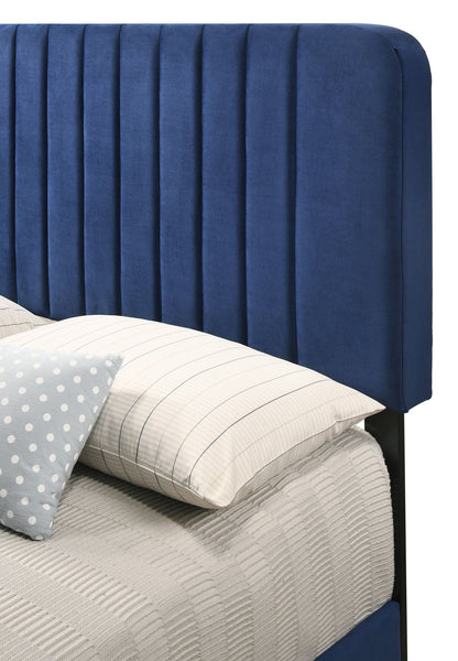Channel Tufted Bed blue velvet upholstered headboard with vertical channels; striped bedding on Tampa Home & Garden Store