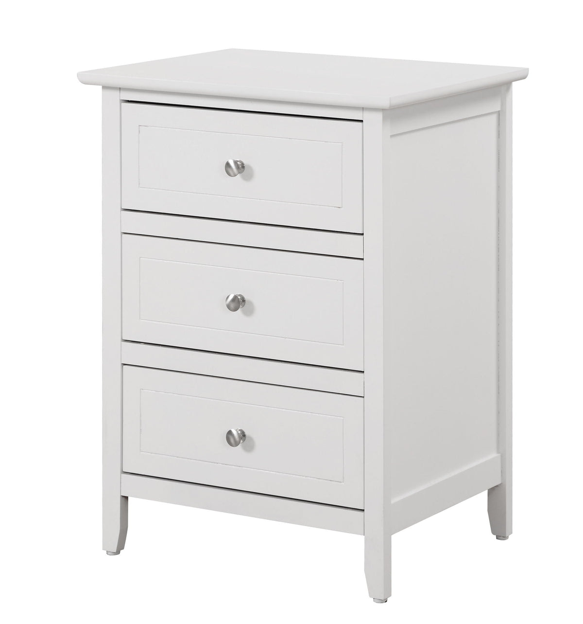 White 3-drawer accent nightstand with silver knobs and real wood veneer finish on Tampa Home & Garden Store