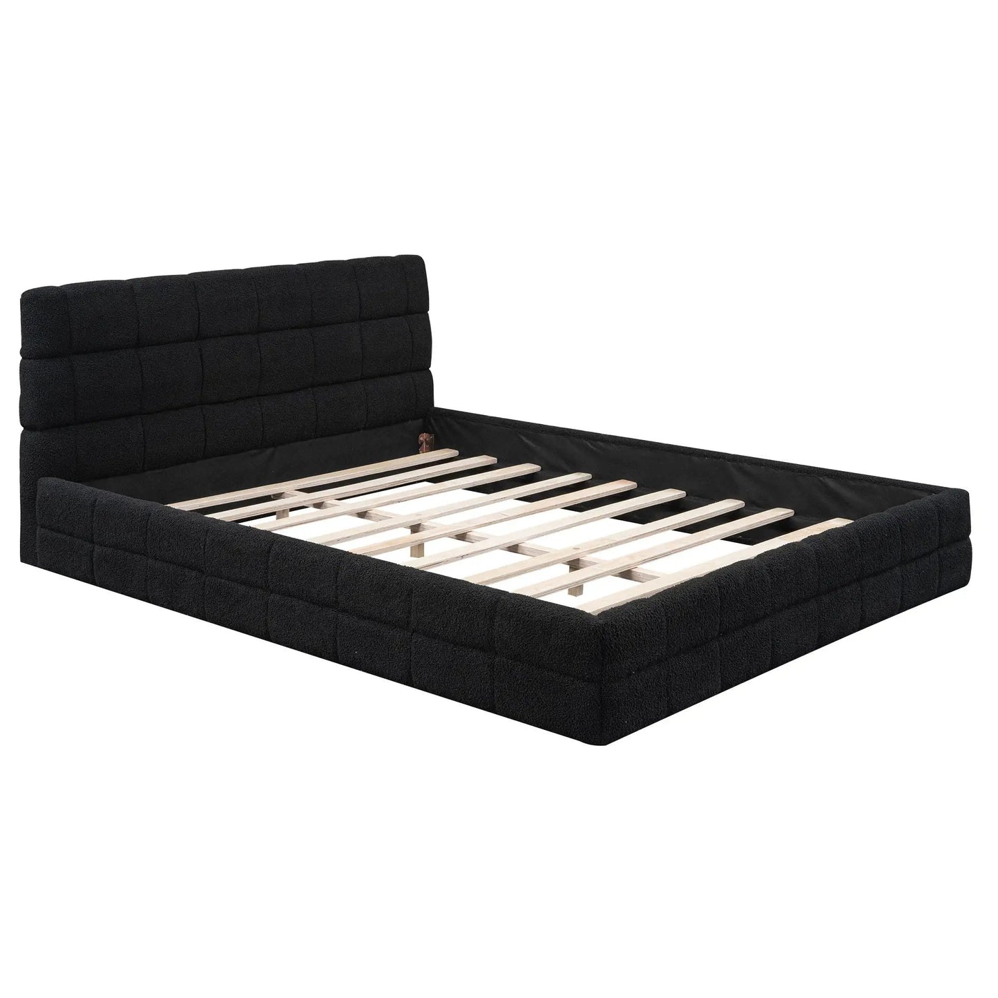 Upholstered platform bed with headboard in black fabric and slats by Unique Piece Furniture on Tampa Home & Garden Store