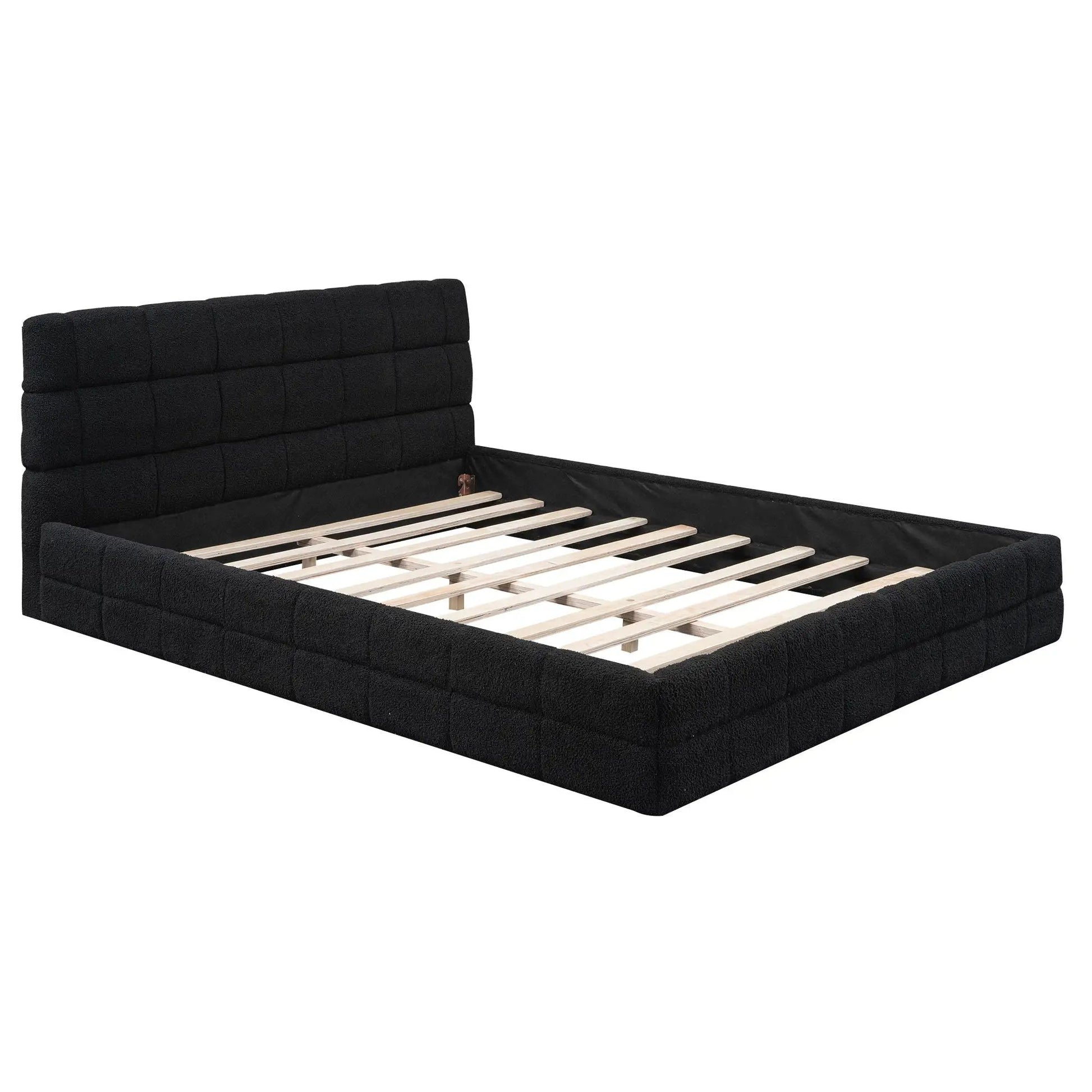 Upholstered platform bed with headboard in black fabric and slats by Unique Piece Furniture on Tampa Home & Garden Store