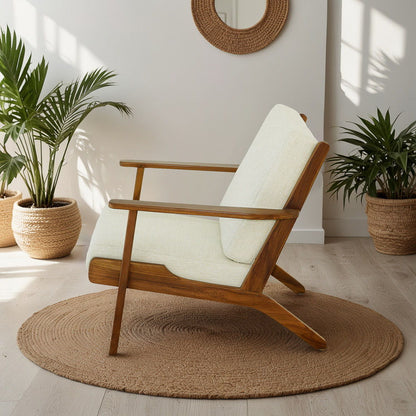 Genuine lounge chair with solid wood frame and beige upholstery, natural wood arms on Tampa Home & Garden Store