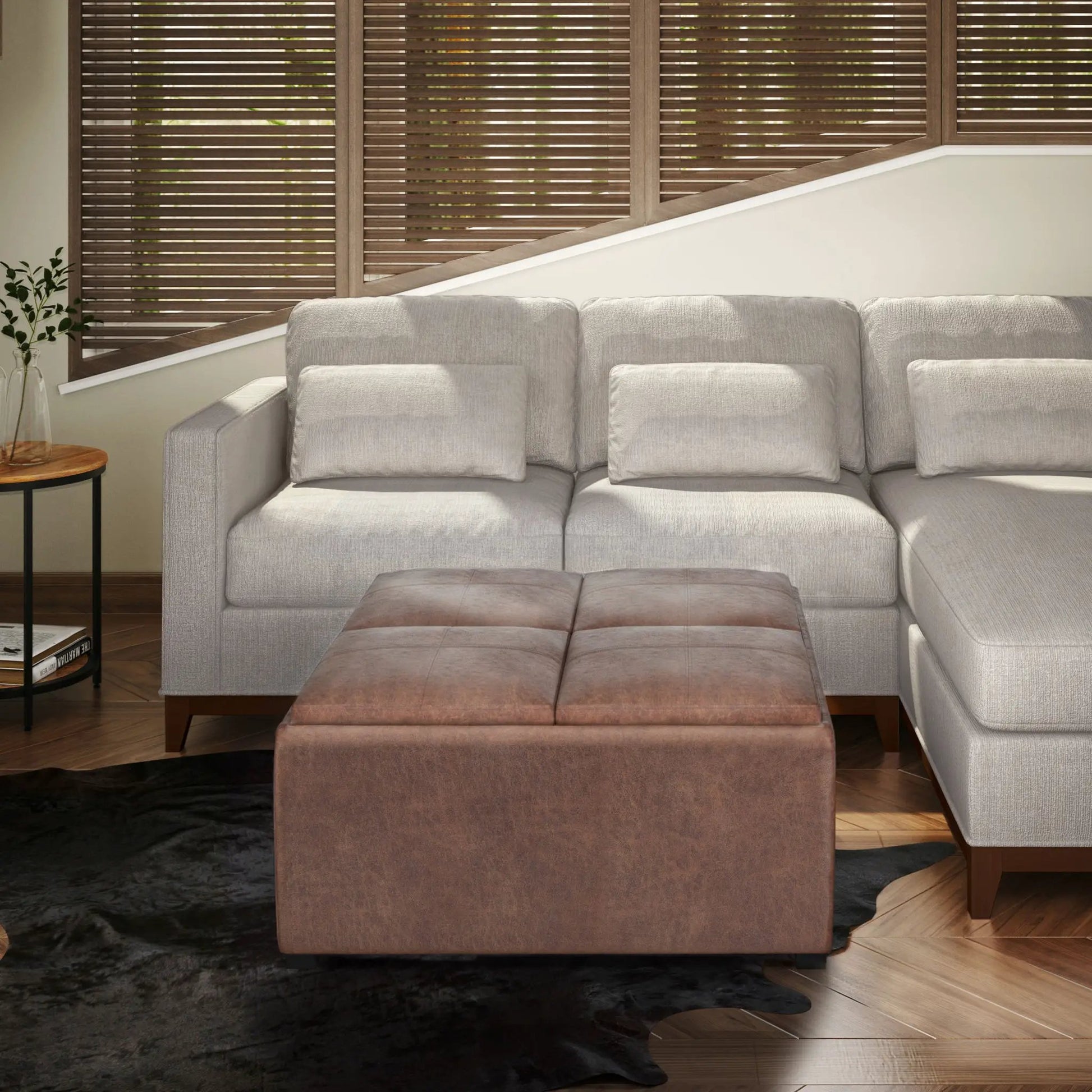 Avalon square coffee table storage ottoman by Unique Piece Furniture in brown leather-look upholstery on Tampa Home & Garden Store