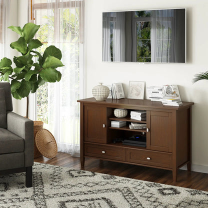 Warm Shaker media stand in walnut brown with open shelves and drawers, supports Samsung TV on Tampa Home & Garden Store