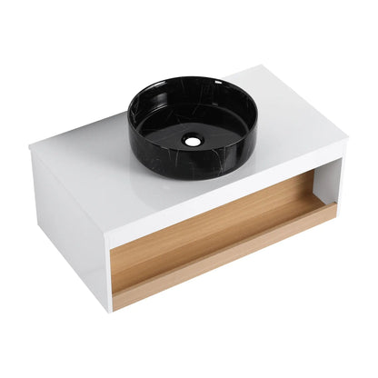 Floating Vanity with Vessel Sink and Open Shelf