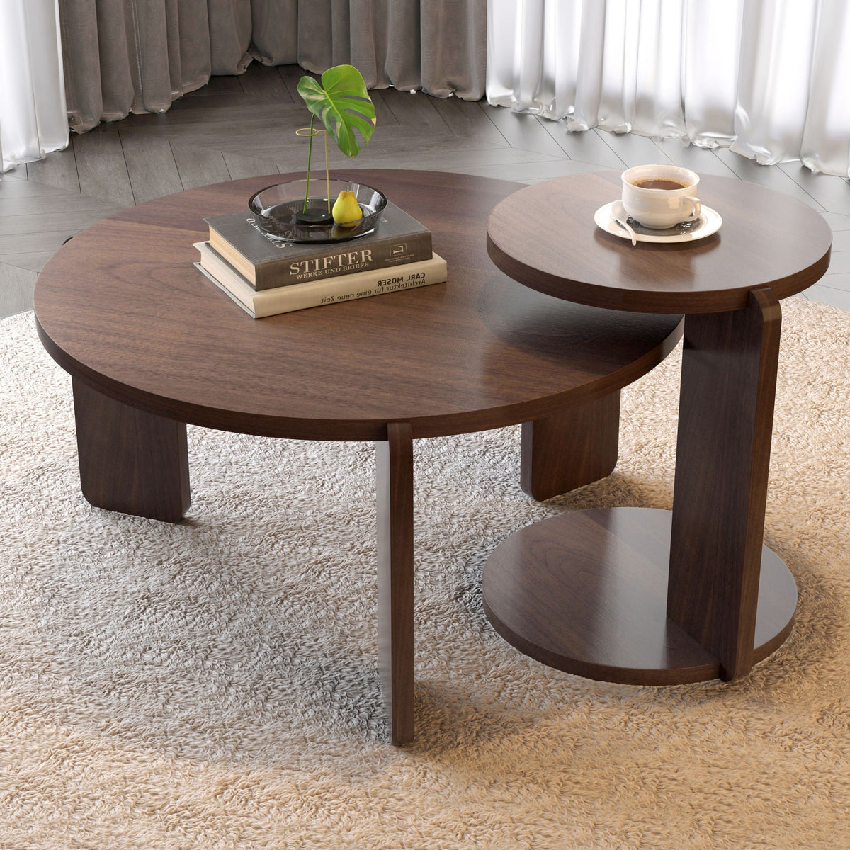 Round coffee and end table set in dark brown wood finish with layered circular tops on Tampa Home & Garden Store