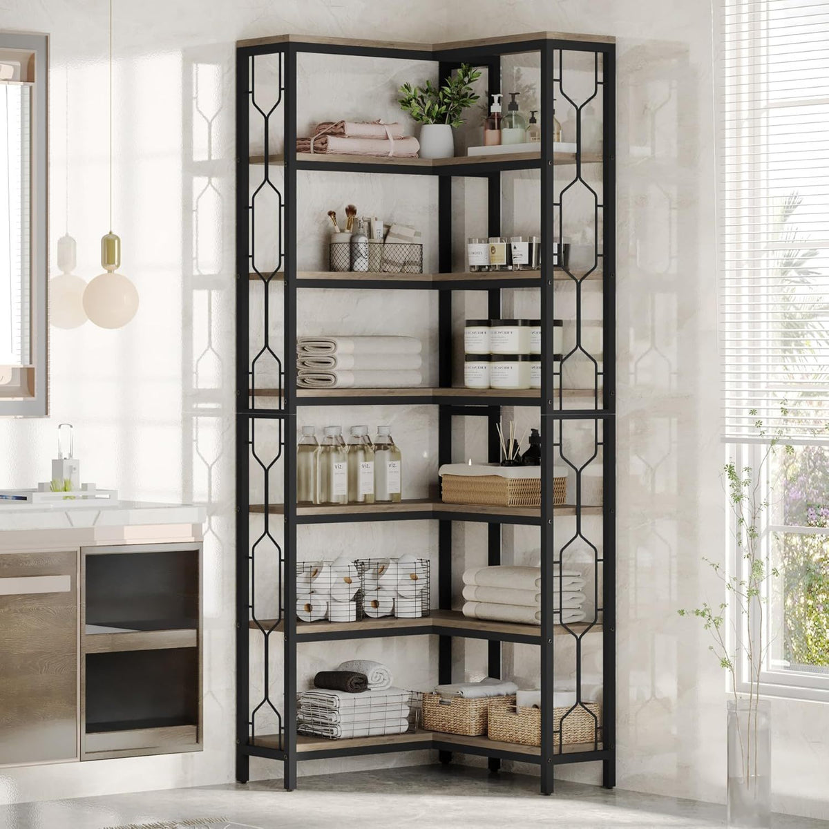 7-tier bookshelf with hexagon design, black metal frame and light wood shelves, HouseOfZazla on Tampa Home & Garden Store