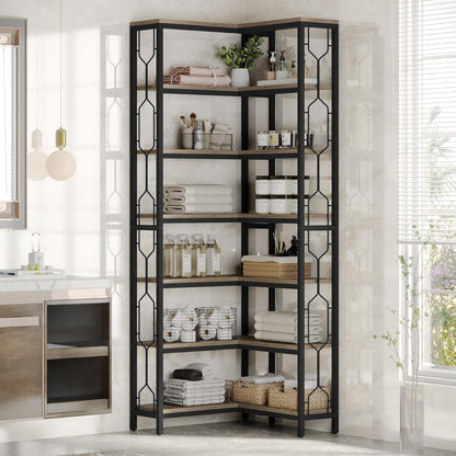7-tier bookshelf with hexagon design, black metal frame and light wood shelves, HouseOfZazla on Tampa Home & Garden Store