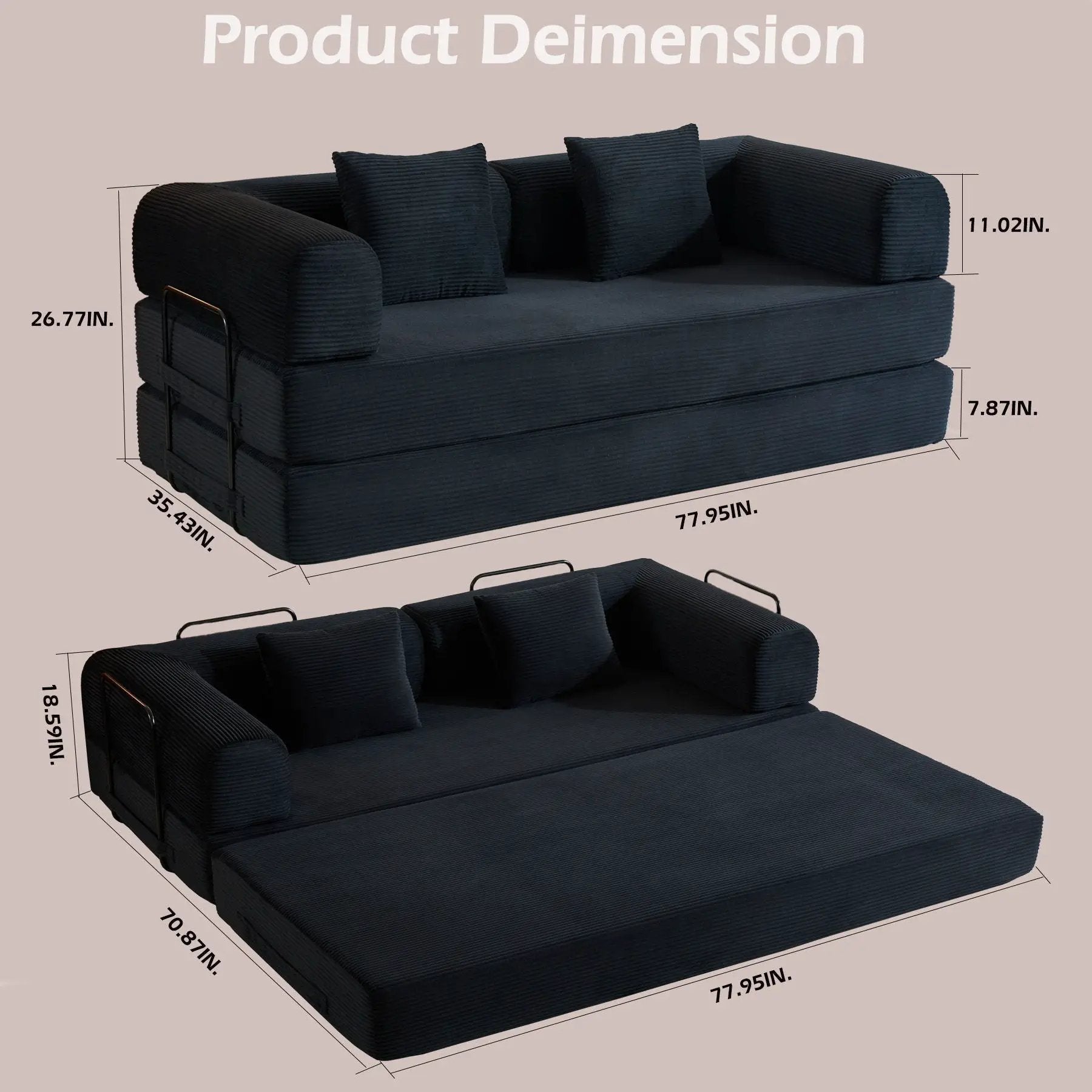 Futon sofa bed with cylindrical pillows in navy fabric by Unique Piece Furniture on Tampa Home & Garden Store