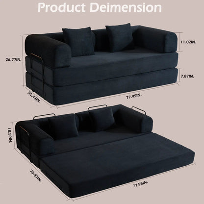 Futon sofa bed with cylindrical pillows in navy fabric by Unique Piece Furniture on Tampa Home & Garden Store