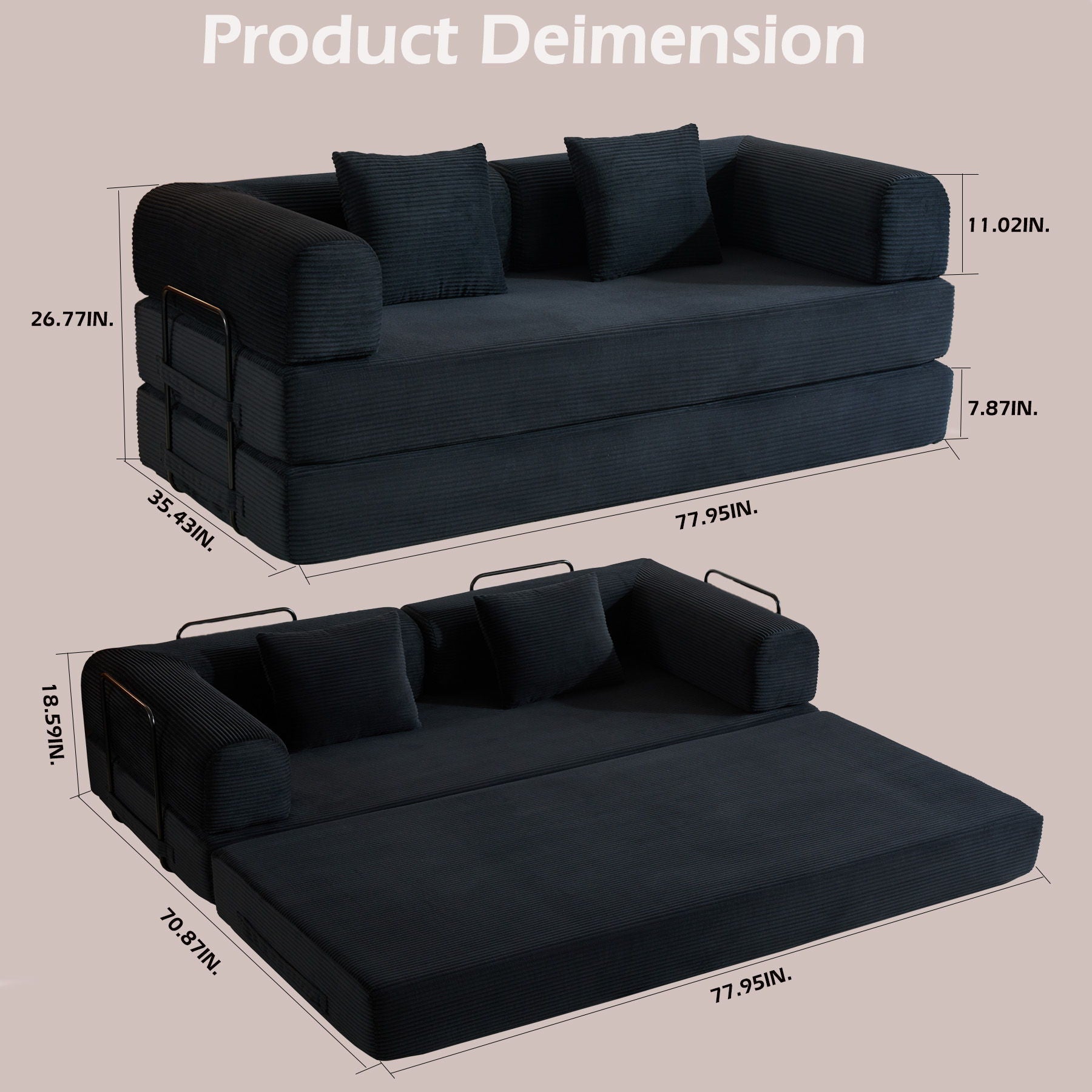 Convertible sleeper sofa bed with cylindrical pillow in dark fabric by HouseOfZazla futon on Tampa Home & Garden Store