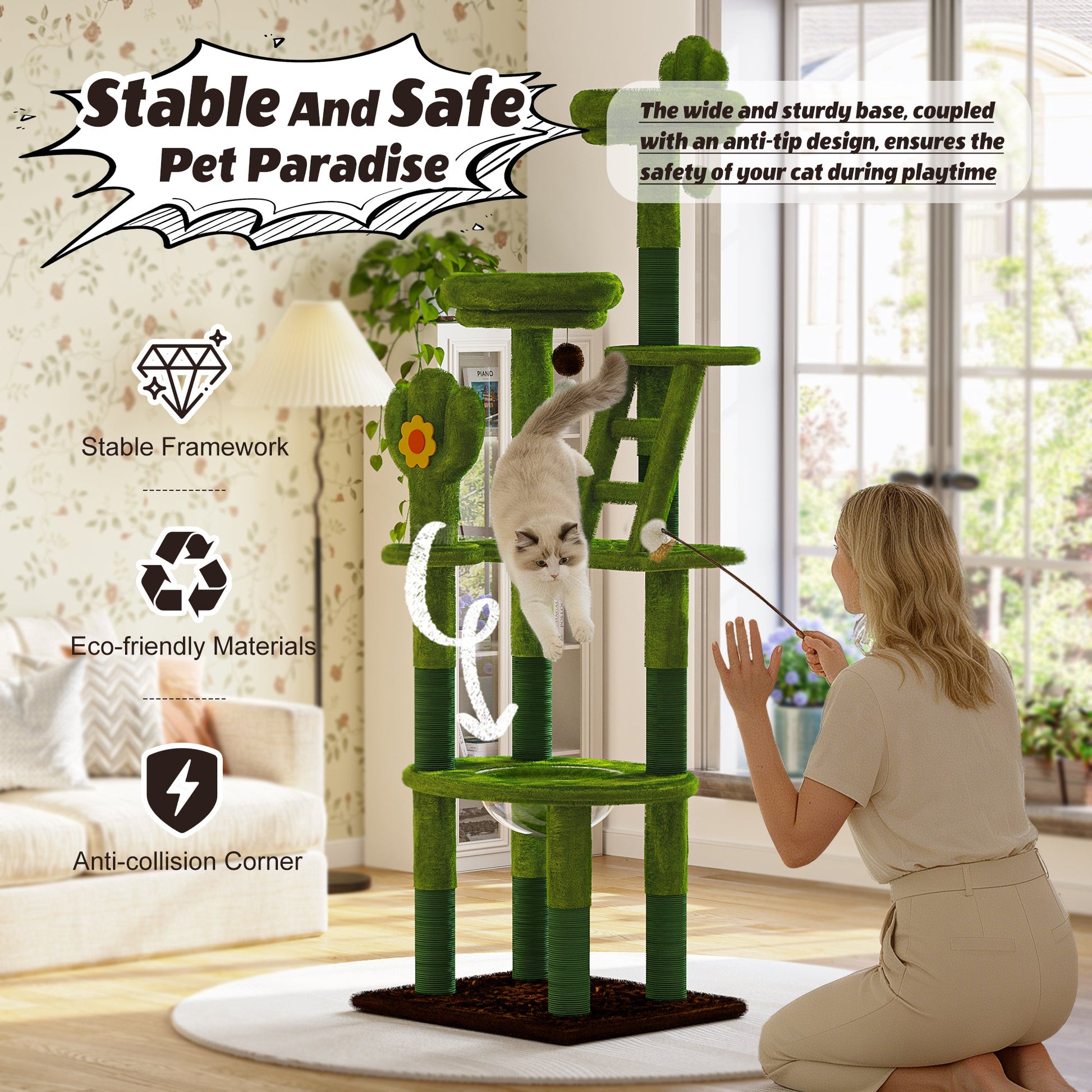 72in Cactus Cat Tree tall cat tower for indoor cats, green plush cactus posts and platforms on Tampa Home & Garden Store