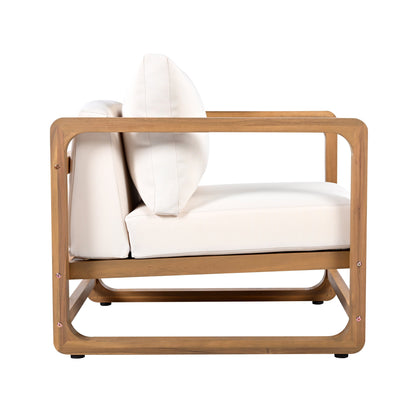 Acacia Wood Outdoor Set with 2 Club Chairs and Rustic Slat Side Table, white cushions on Tampa Home & Garden Store