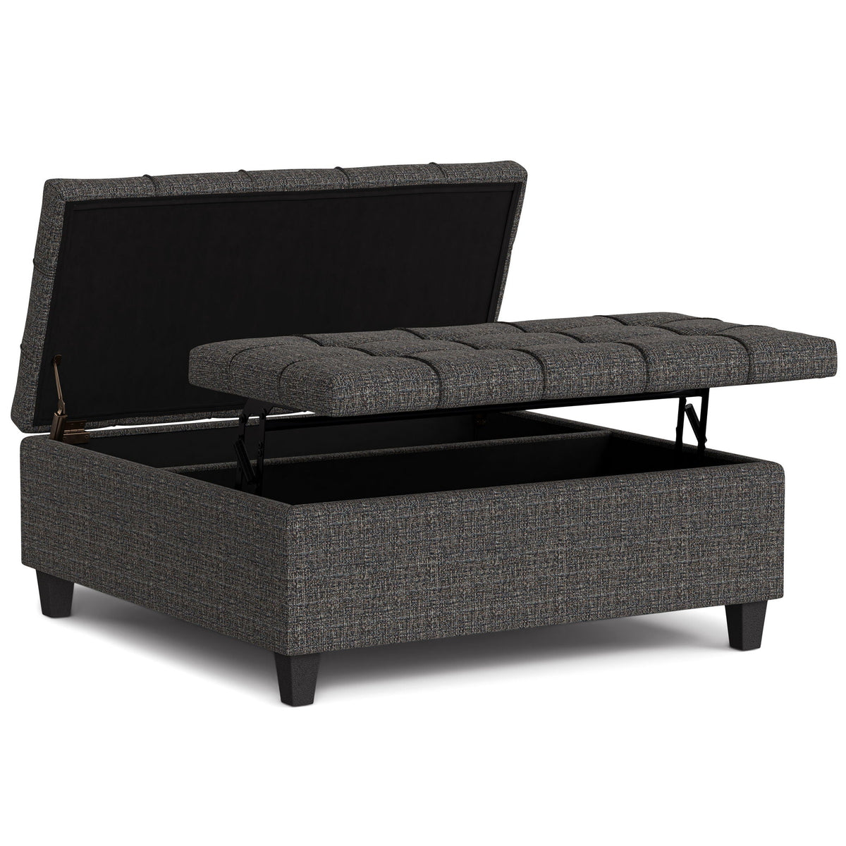 Harrison Tufted Lift-Top Storage Ottoman in tweed fabric with black interior and metal legs on Tampa Home & Garden Store