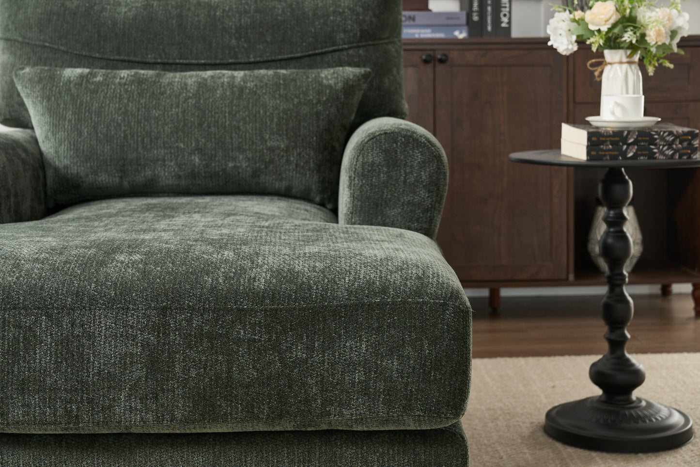 Modern green chaise lounge upholstered sofa recliner in textured fabric with rounded arm on Tampa Home & Garden Store