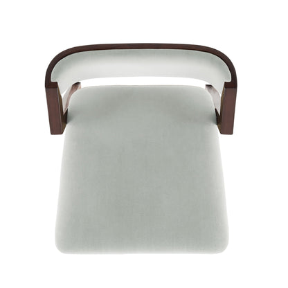 Bar height barstool with backrest, pearl silver upholstery, dark wood frame on Tampa Home & Garden Store