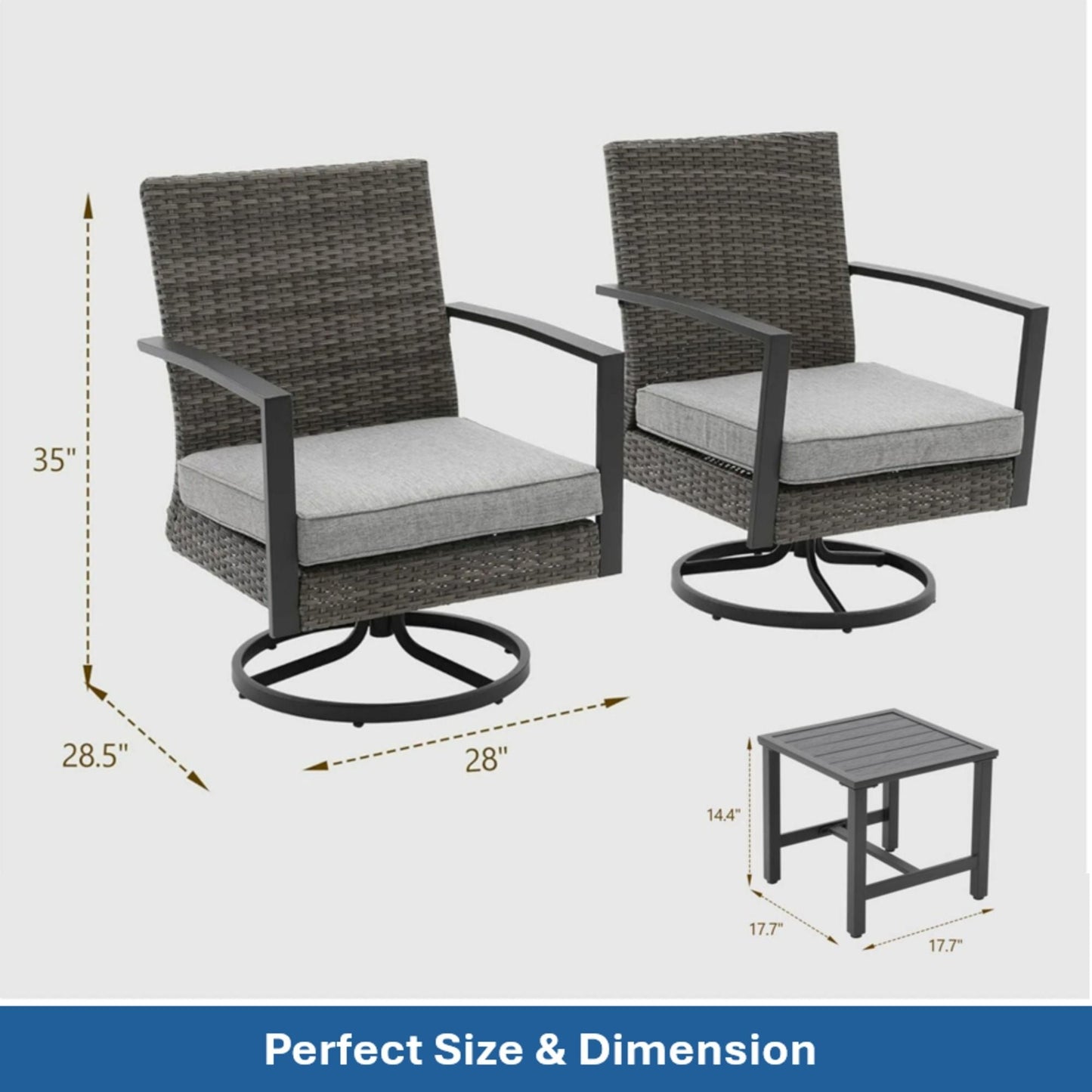 3 Piece Patio Furniture Set: 2 gray wicker swivel rocker chairs with cushions and side table on Tampa Home & Garden Store