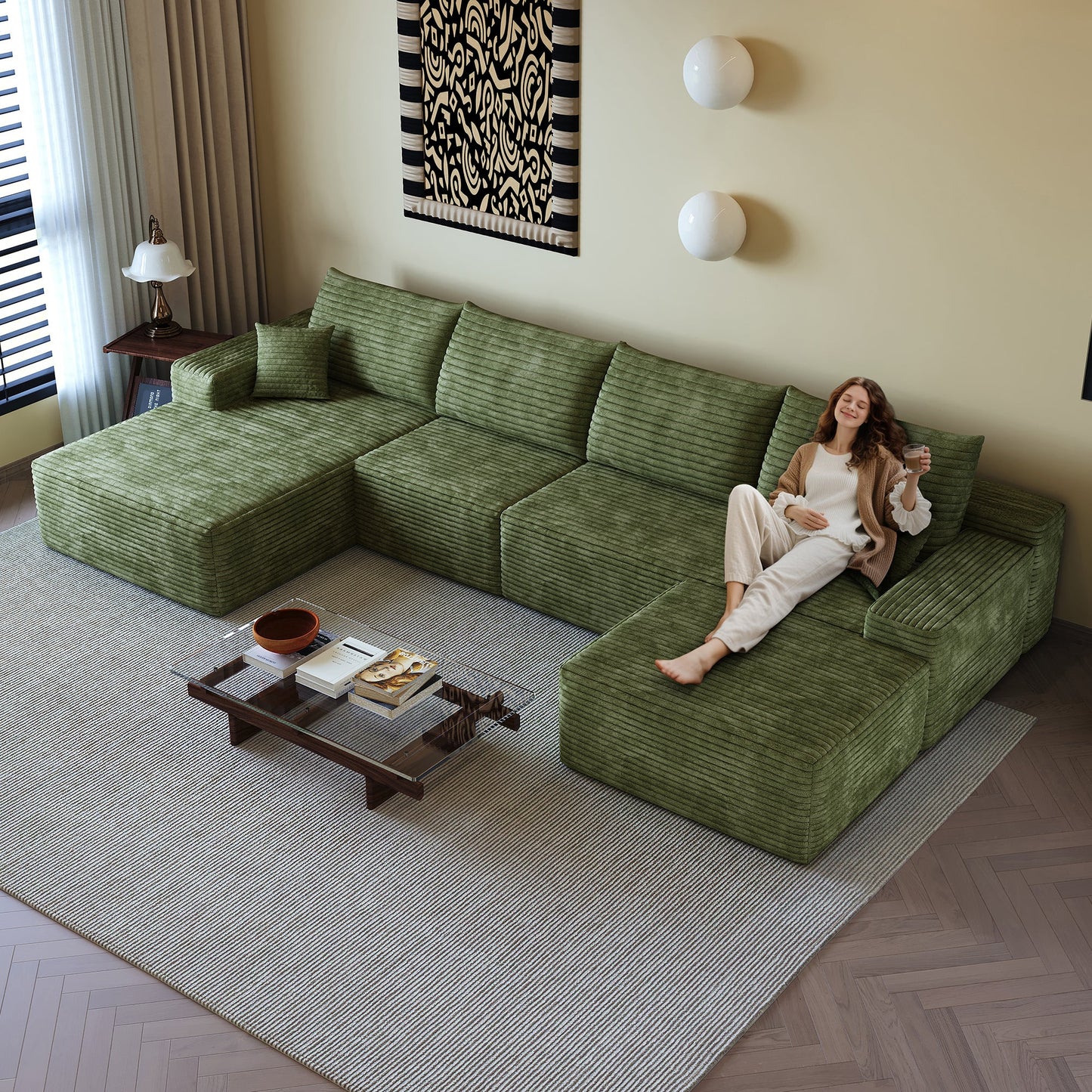 135in Cloud Sectional Sofa with 1 Ottoman by HouseOfZazla in olive green corduroy on Tampa Home & Garden Store