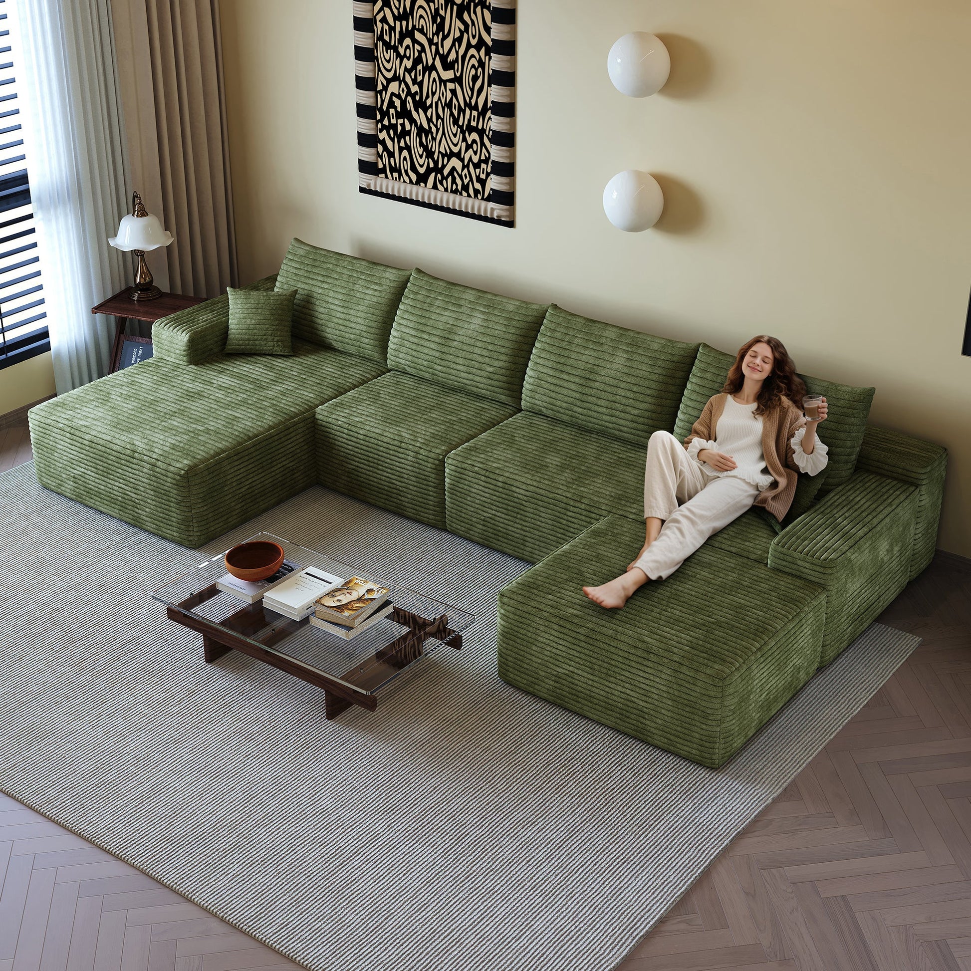 135in Cloud Sectional Sofa with 1 Ottoman by HouseOfZazla in olive green corduroy on Tampa Home & Garden Store
