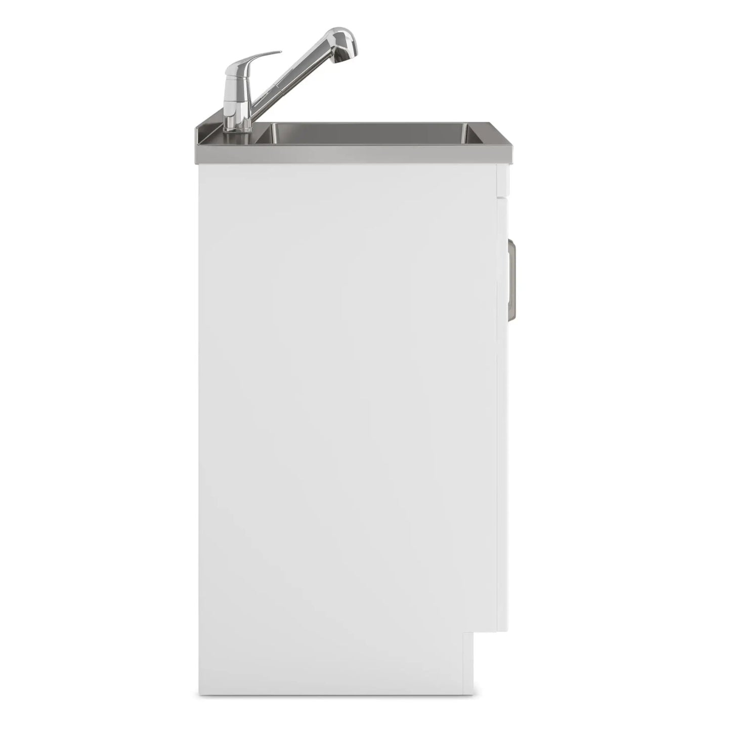 Kyle laundry cabinet with faucet and stainless steel sink, white base cabinet, chrome faucet on Tampa Home & Garden Store