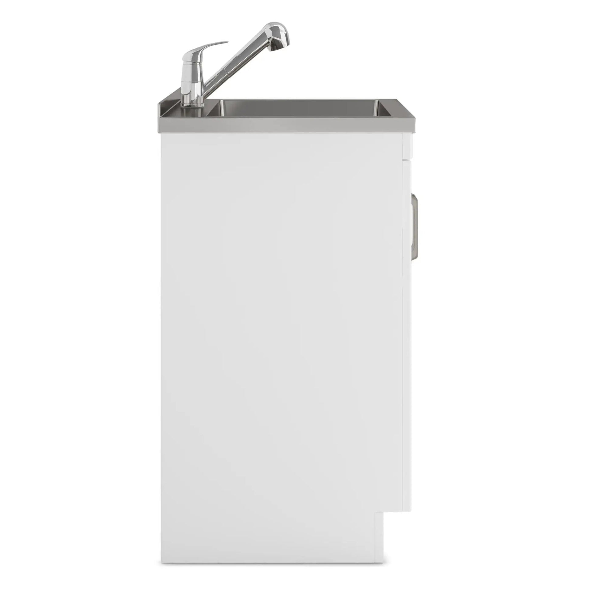 Kyle laundry cabinet with faucet and stainless steel sink, white base cabinet, chrome faucet on Tampa Home & Garden Store