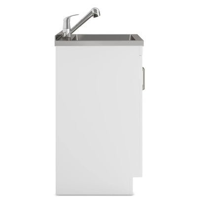 Kyle laundry cabinet with faucet and stainless steel sink, white base cabinet, chrome faucet on Tampa Home & Garden Store
