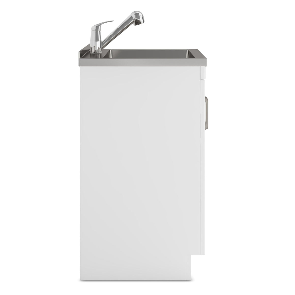 White laundry cabinet with stainless steel sink and chrome faucet, HouseOfZazla vanity on Tampa Home & Garden Store