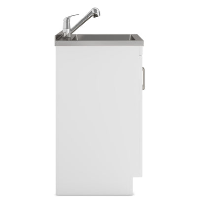 White laundry cabinet with stainless steel sink and chrome faucet, HouseOfZazla vanity on Tampa Home & Garden Store