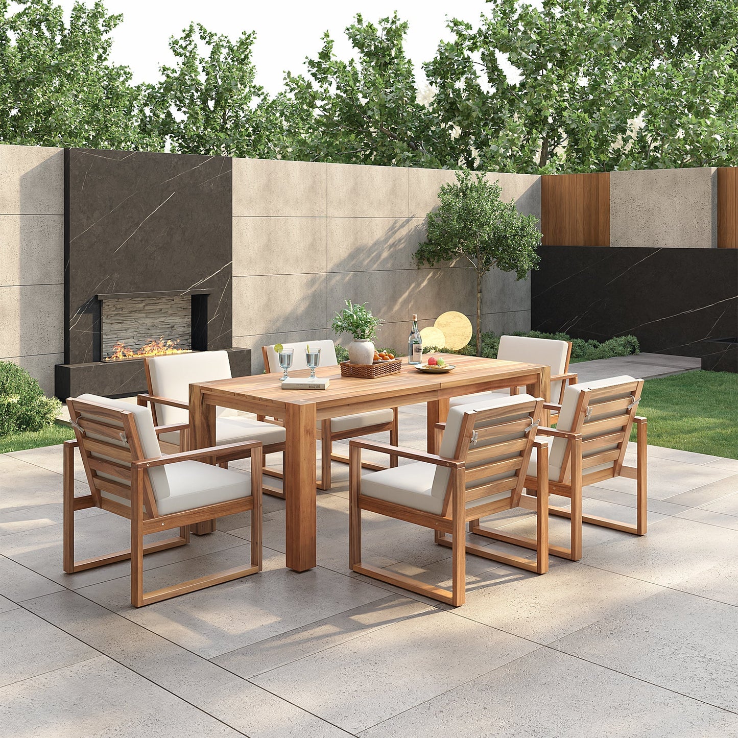 Trexm 7 Piece Acacia Patio Table and 6 Chairs Set