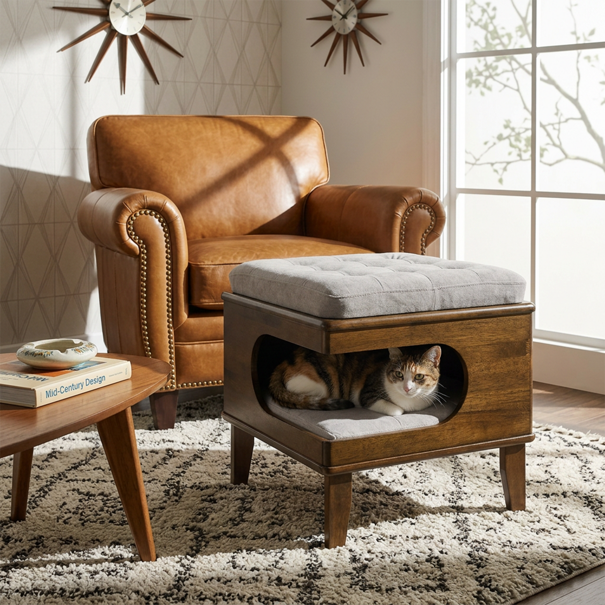 Letitia Rubber Wood Cat Bed Ottoman brown wood frame with gray cushion by HouseOfZazla on Tampa Home & Garden Store