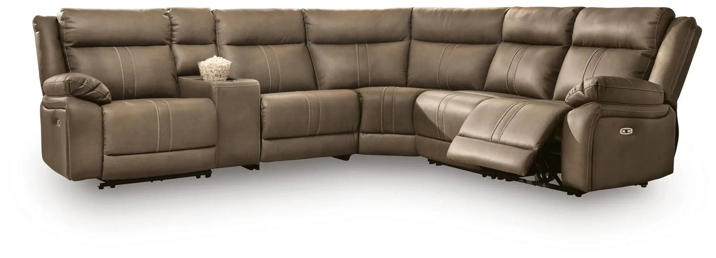 Max-Momentum reclining sectional in brown leather-look with center console and cupholder on Tampa Home & Garden Store