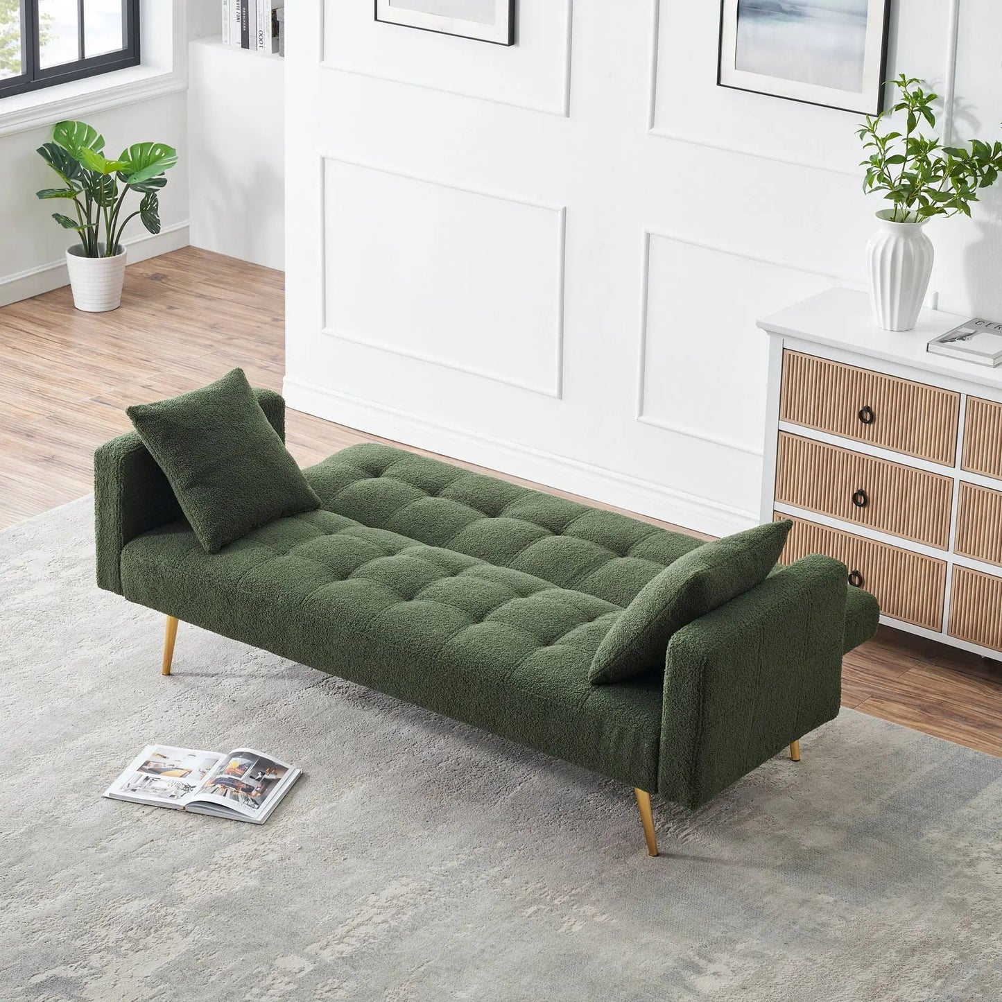 Teddy Fleece sofa bed forest green tufted fabric with luxurious throw pillows in modern room on Tampa Home & Garden Store