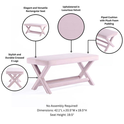 Accent bench pink velvet with piped cushion and solid wood X-frame by HouseOfZazla on Tampa Home & Garden Store