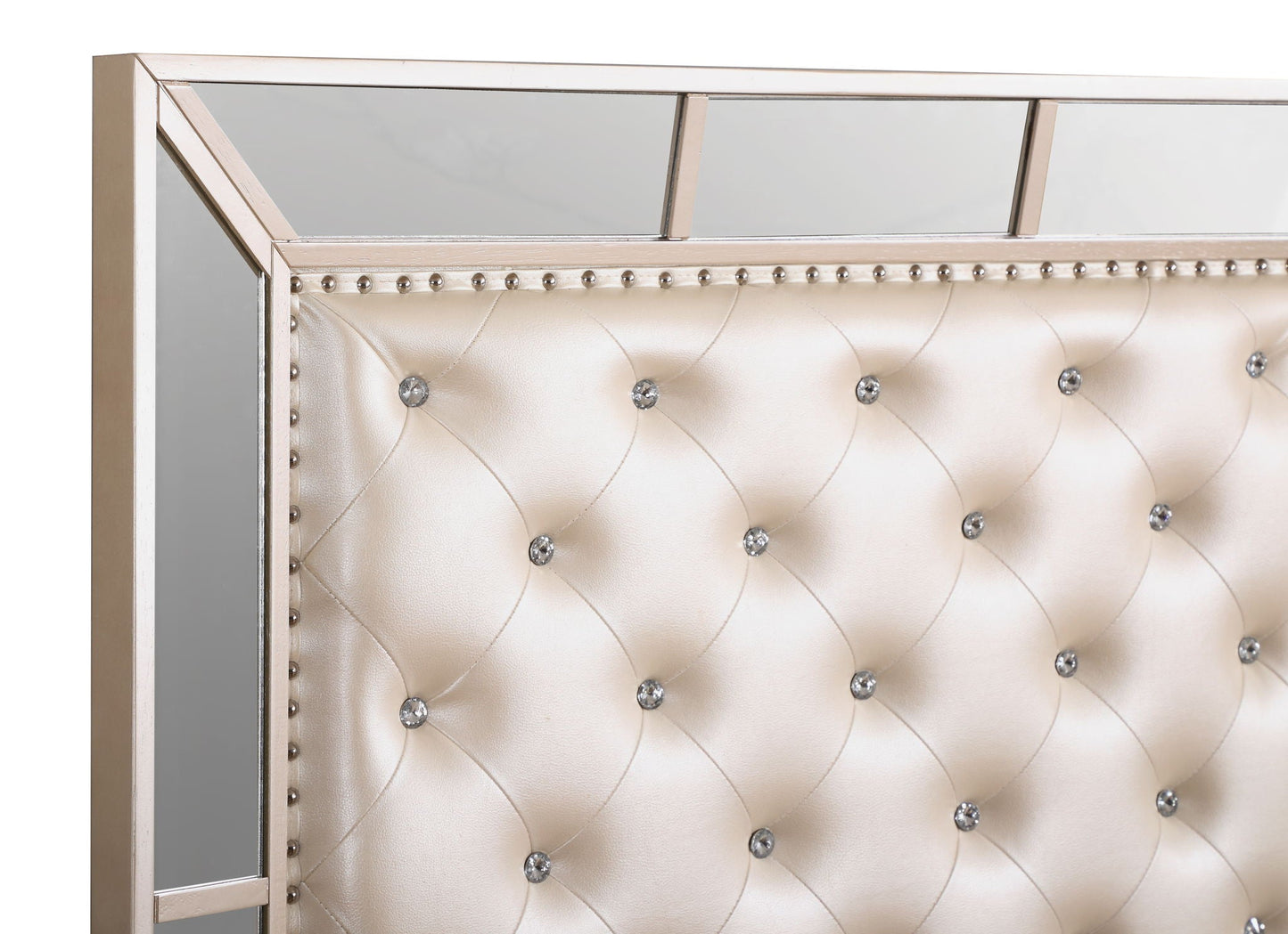 Panel bed by HouseOfZazla with beige tufted upholstery and mirrored frame on Tampa Home & Garden Store