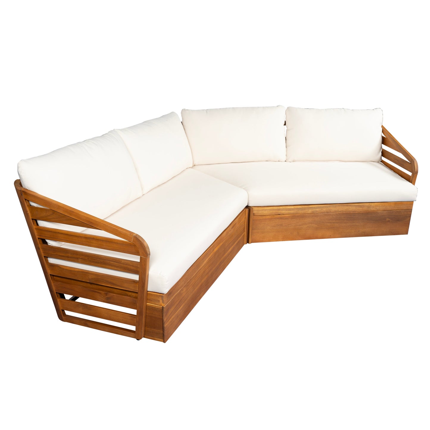 Royal Acacia Patio V Sofa Sectional Set beige cushions in acacia wood frame HouseOfZazla on Tampa Home & Garden Store