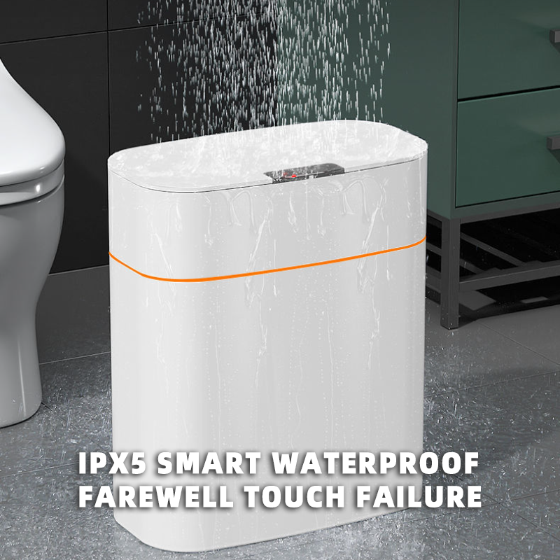 White rectangular smart trash can with lid, accent band, induction sensor, IPX5 waterproof on Tampa Home & Garden Store