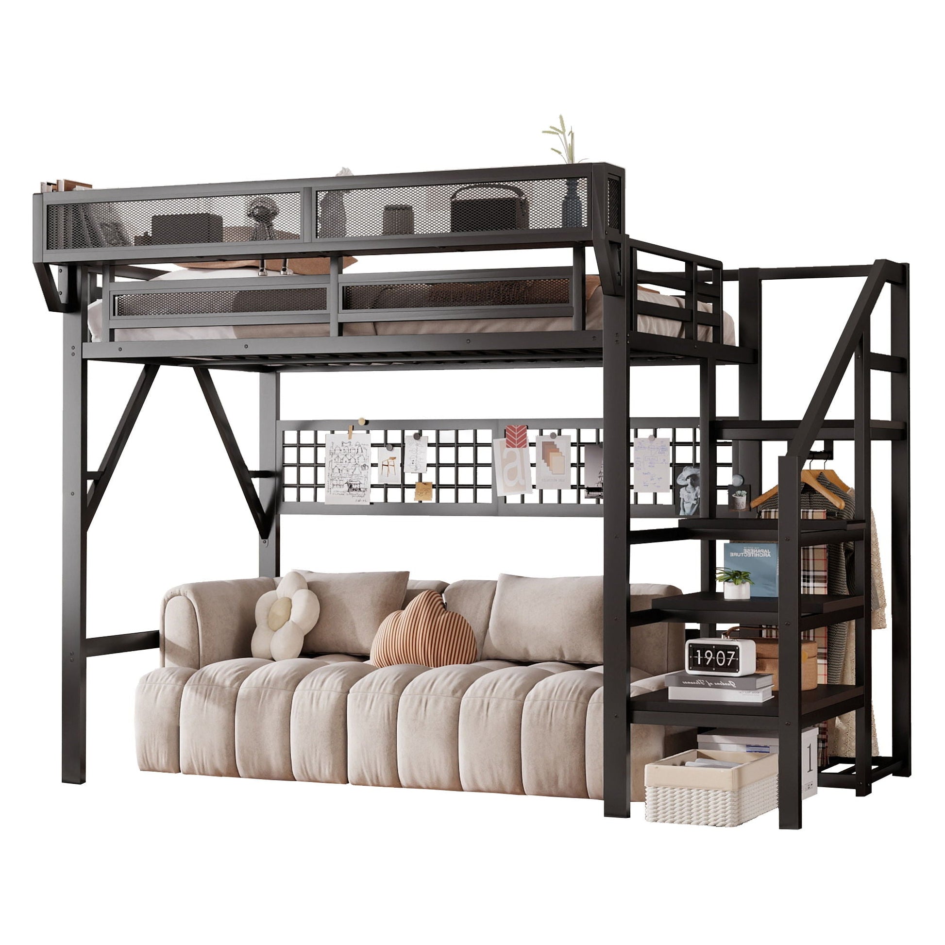 Loft bed with stairs and storage in dark metal frame by HouseOfZazla with mesh guard rails on Tampa Home & Garden Store