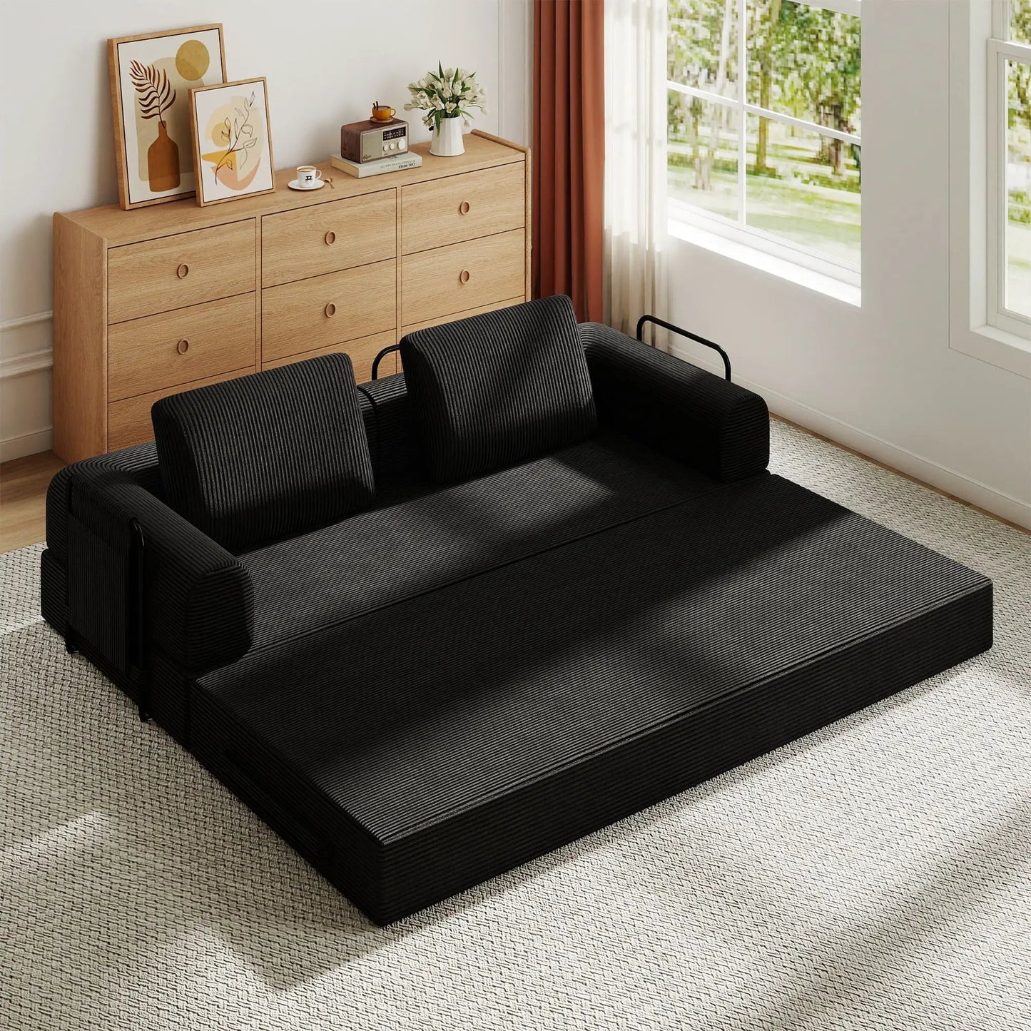 Convertible Sleeper Sofa Bed in black ribbed fabric with cylindrical pillow, fixed frame on Tampa Home & Garden Store