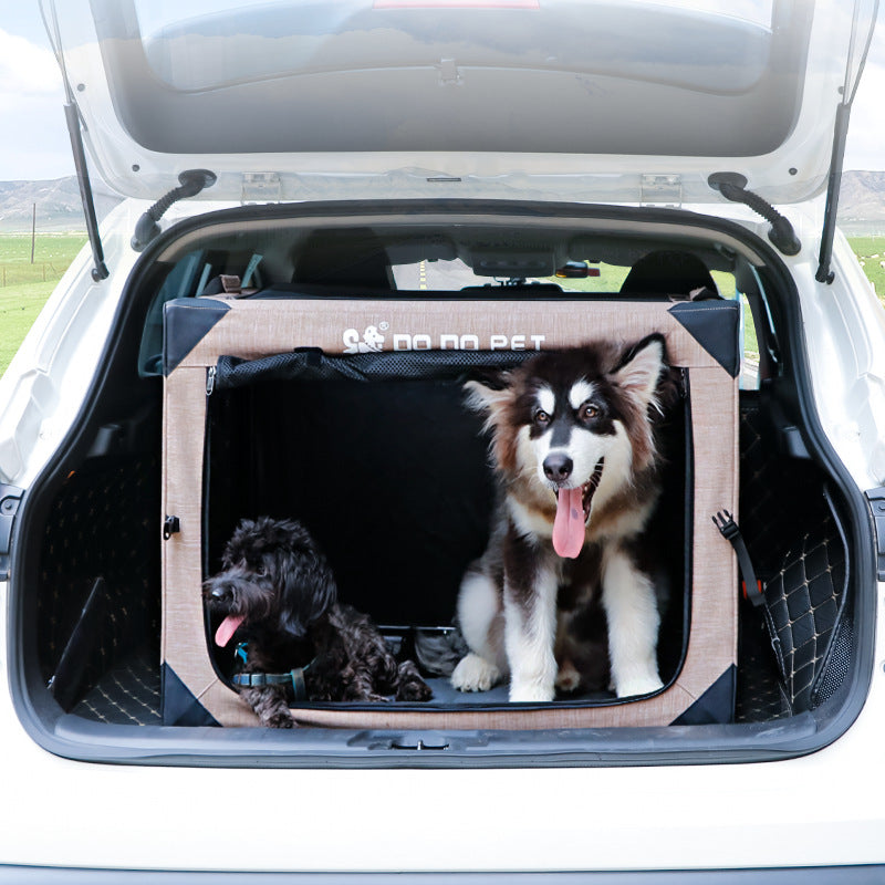 One Piece Collapsible Cloth Kennel Tent tan fabric pet kennel in car trunk with 2 dogs on Tampa Home & Garden Store