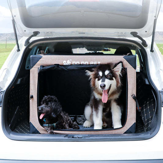One Piece Collapsible Cloth Kennel Tent tan fabric pet kennel in car trunk with 2 dogs on Tampa Home & Garden Store
