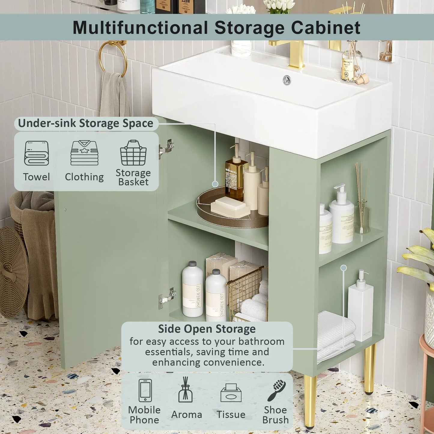 Bathroom vanity with single ceramic sink, sage green cabinet and under-sink storage on Tampa Home & Garden Store