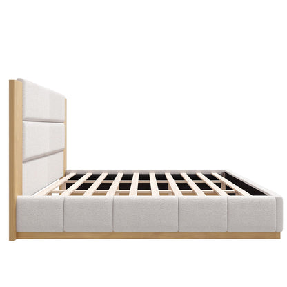 Modern upholstered platform bed with headboard in beige fabric and wood finish HouseOfZazla on Tampa Home & Garden Store