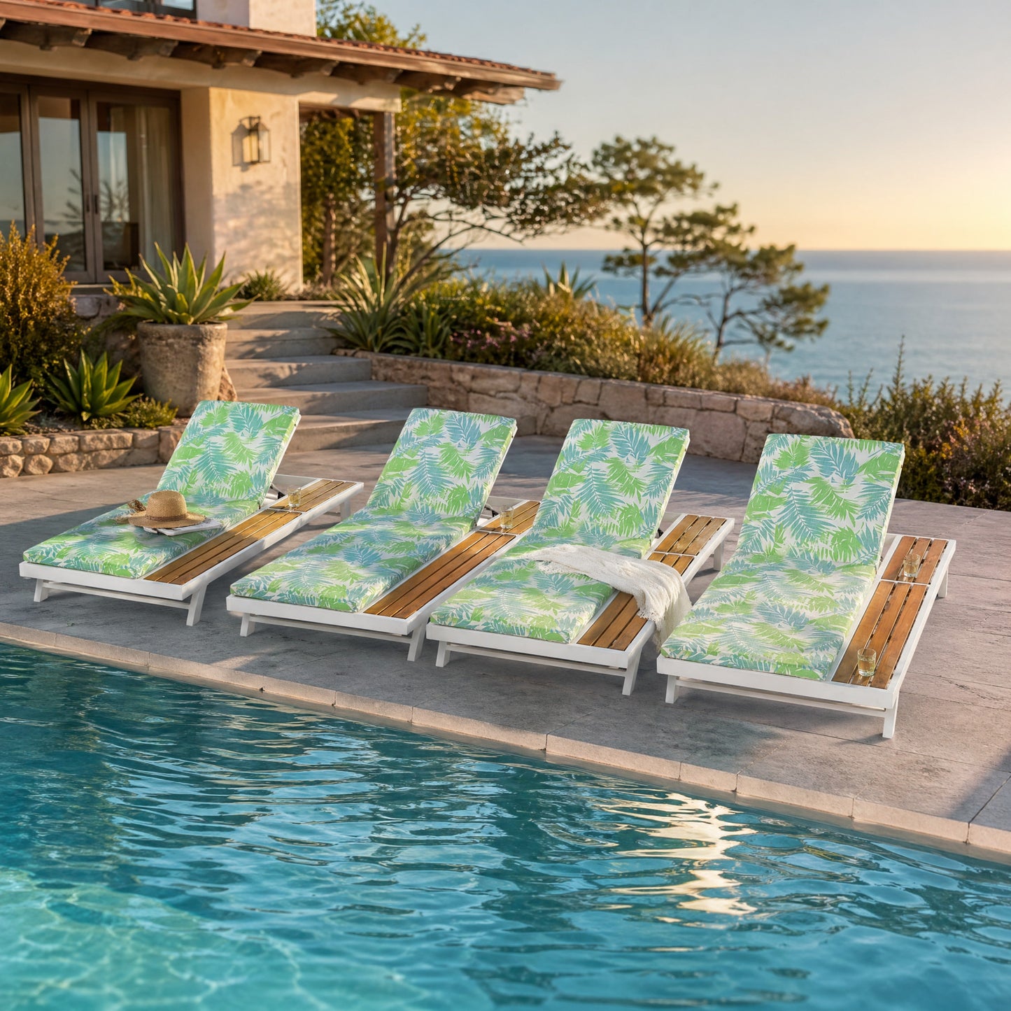 White Iron and Teak Outdoor Chaise Lounge Set