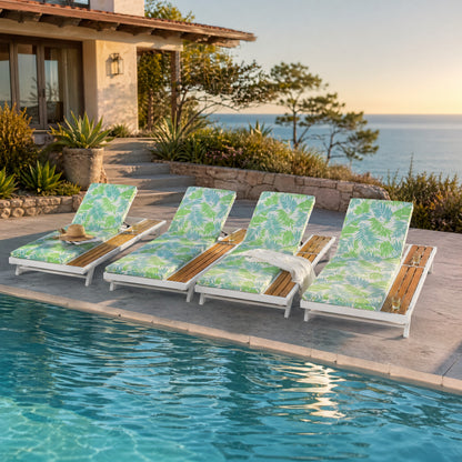 White Iron and Teak Outdoor Chaise Lounge Set