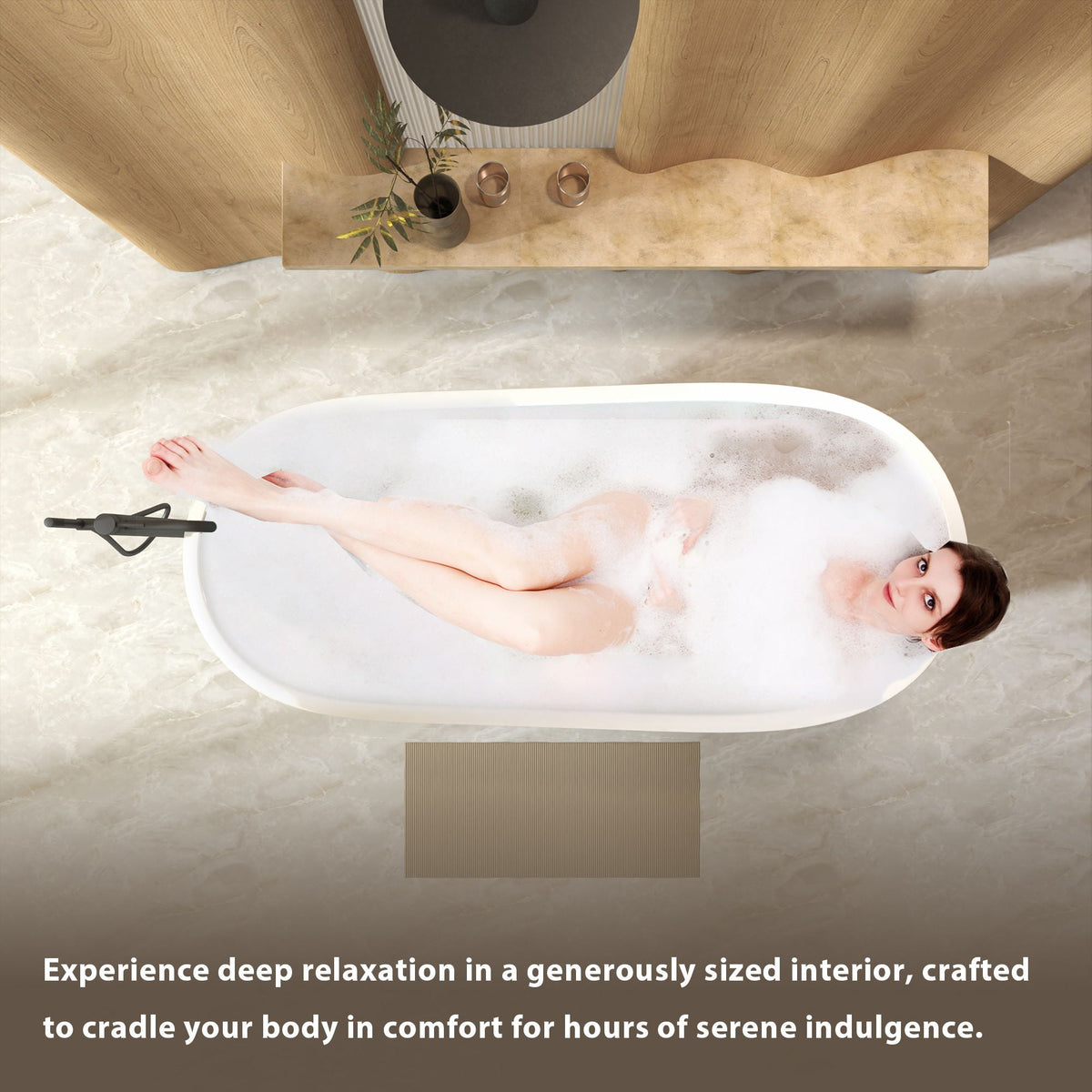 Freestanding acrylic slipper bathtub white, overhead view with person relaxing on Tampa Home & Garden Store