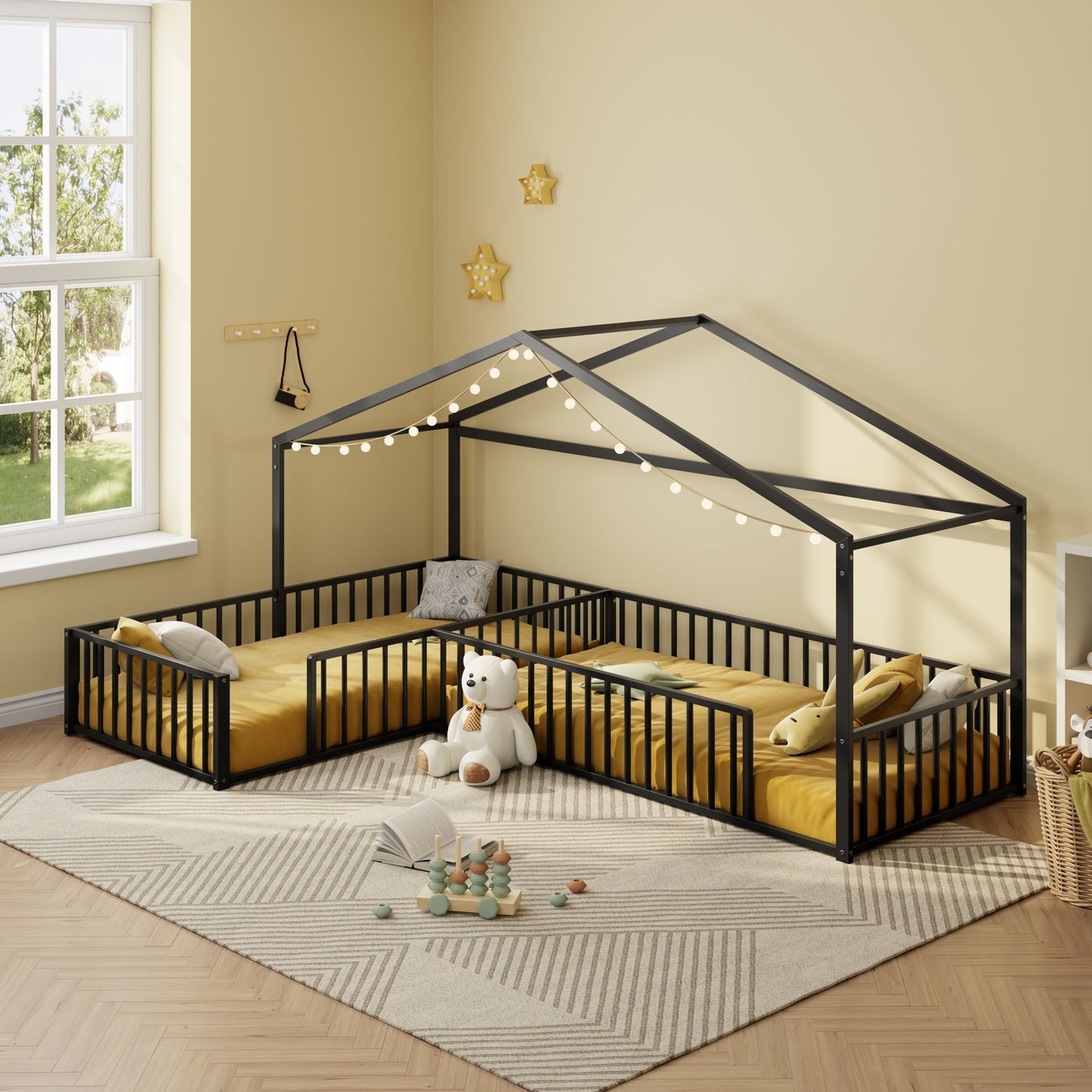 L-Shaped Montessori Canopy Bed for 2 Kids with Partitioned Fence HouseOfZazla, black metal frame on Tampa Home & Garden Store