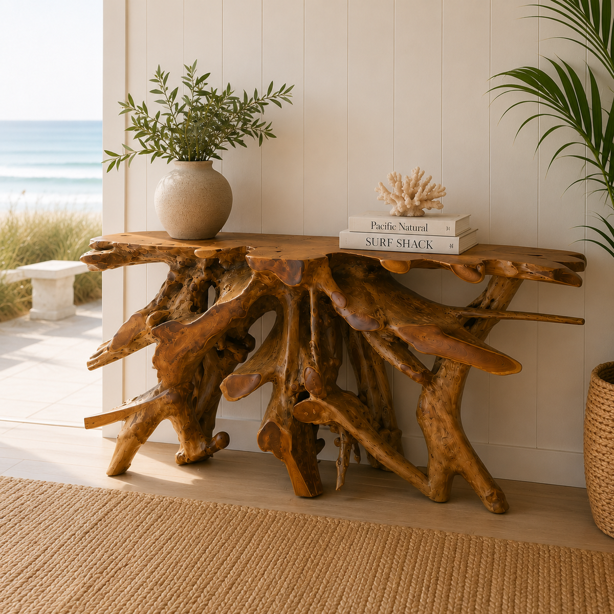 Teak console table with sculptural root base in natural finish, ceramic vase and greenery on Tampa Home & Garden Store