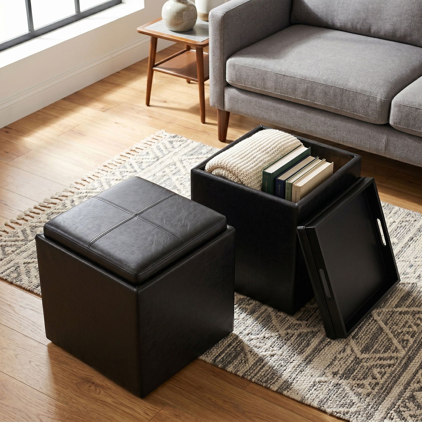 Rockwood Upholstered Cube Ottoman with Tray