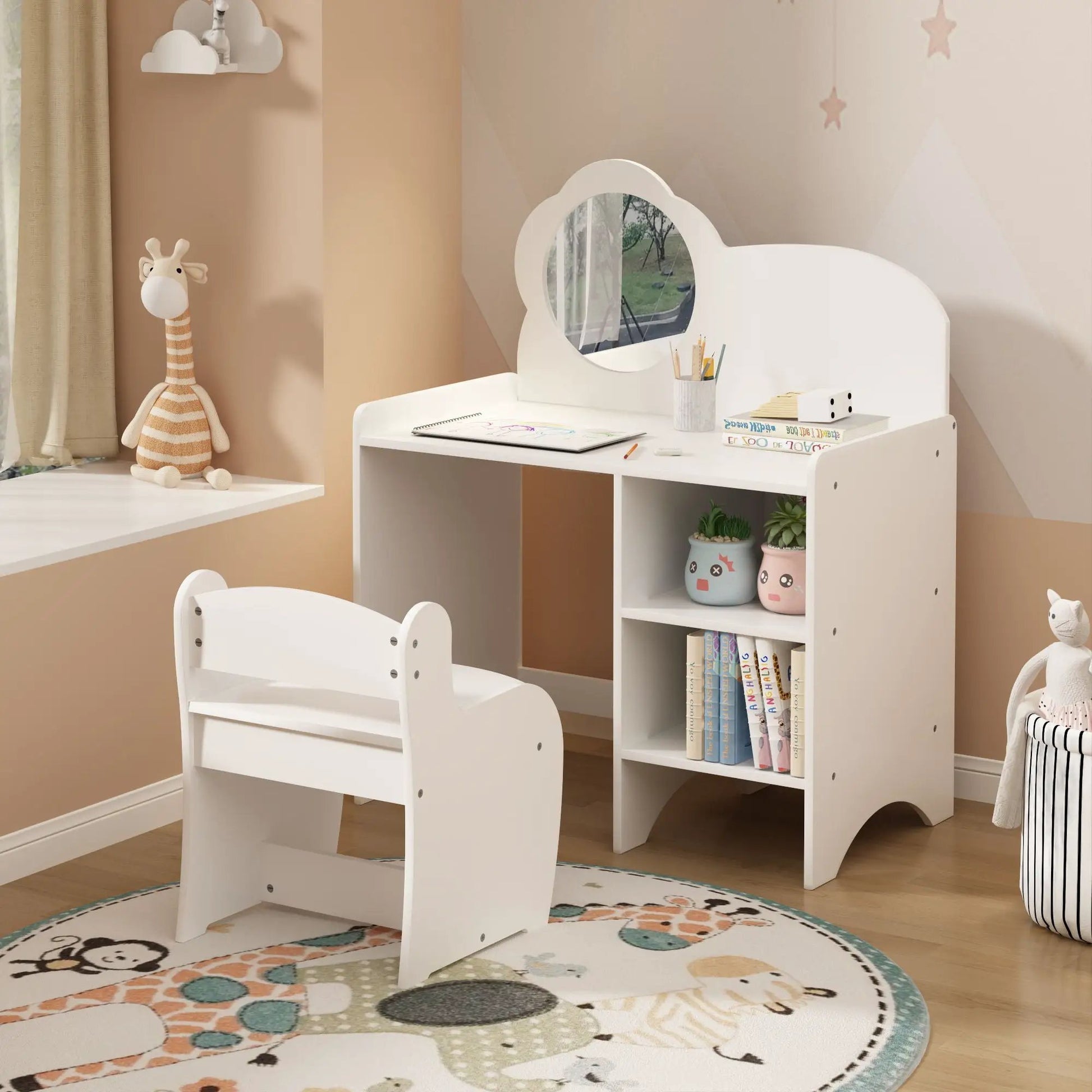 Kids vanity table with chair, white finish, cloud-shaped mirror, storage shelves on Tampa Home & Garden Store