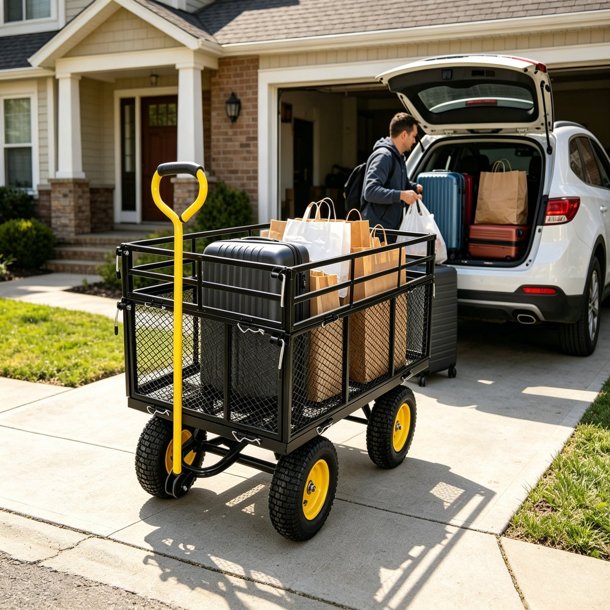 Garden wagon cart with black frame and yellow wheels loaded with bags beside a white SUV on Tampa Home & Garden Store