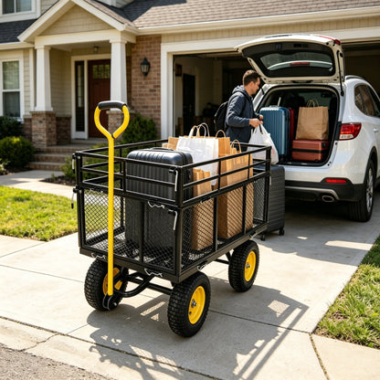 Garden wagon cart with black frame and yellow wheels loaded with bags beside a white SUV on Tampa Home & Garden Store